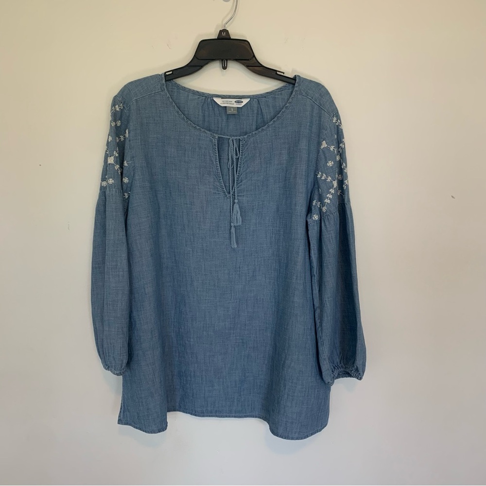 Womens Old Navy Embroidered Chambray Tassel Tunic Floral Balloon Sleeve Sz Large